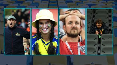 En bild med fyra personporträtt av olika fotbollssupportrar