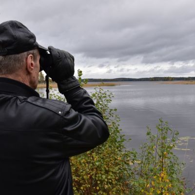 Osmo Immonen kiikaroi tyhjälle lahdelle.