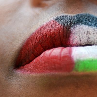Palestiinaa tukeva mielenosoittaja oli maalannut huuliinsa maan lipun värit Lontoossa järjestetyssä mielenilmauksessa 26. heinäkuuta.