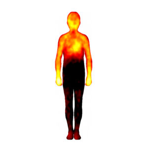 Piirroskuva ihmiskehosta, johon on väritetty vihan tunteen aktivoimat kehonosat lämpimillä väreillä, neutraalit mustalla.