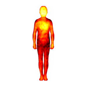 Piirroskuva ihmiskehosta, johon on väritetty ilon tunteen aktivoimat kehonosat lämpimillä väreillä, neutraalit mustalla.