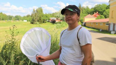 En person med håv i handen står med en åker i bakgrunden.