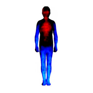 Piirroskuva ihmiskehosta, johon on väritetty surun tunteen aktivoimat kehonosat lämpimillä väreillä, lamaannuttavat kylmillä väreillä, neutraalit mustalla.