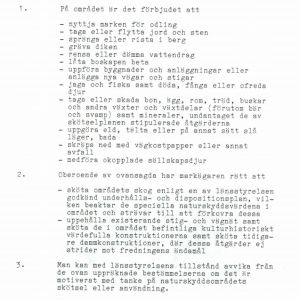 Maskinskriven text som berättar om bestämmelser för ett naturskyddsområde.