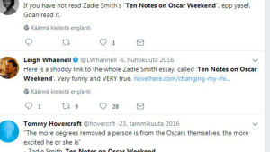 Twitter viestejä  Zadie Smithin kirjoituksesta Ten notes on Oscar weekend