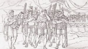 Enligt legenden, och den här etsningen från renässansen, grät Caesar då egyptierna visade att de halshuggit hans nemesis Pompejus. Han erövrade Egypten som straff. Ptolemaios visar Pompejus huvud för Caesar.