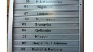I många finska kommuner måste det enligt byggnadsordningen finnas namntavlor i husens trapphus. Invånare i ett höghus i Sverige