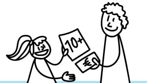 En mångsidig bedömning utgår från att läraren bedömer annat än ren kunskap i matematik. Piirroskuvassa aikuinen maksaa lapselle hyvästä koenumerosta