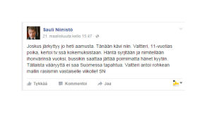 Kuvakaappaus Sauli Niinistön Facebook-päivityksestä.