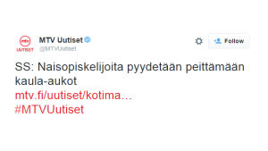 Kuvakaappaus MTV Uutisten twiitistä