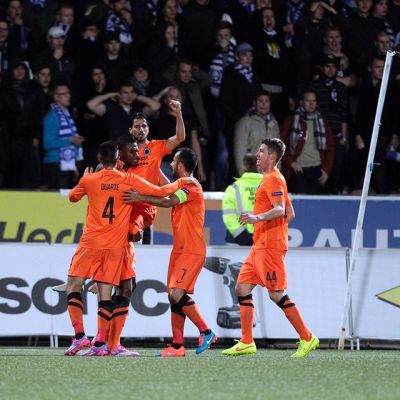 Brugge juhlii 1-0-maalia HJK:a vastaan lokakuussa.