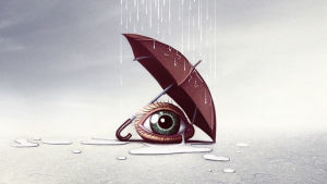 silmä pidättelee sadetta sateenvarjon alla ja itkee