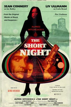 Filmplanschen kunde eventuellt ha sett ut så här. Utkast från år 2006 av grafikern Jussi Karjalainen. En fiktiv filmaffisch för den påtänkta thrillern "The short night".