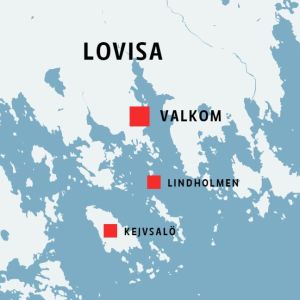 Karta som visar Lovisa, Valkom, Lindholmen och Kejvsalö