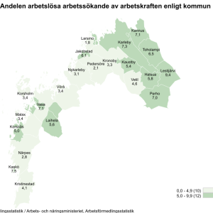 Karta över andelen arbetslösa arbetssökande av arbetskraften enligt kommun i Österbotten