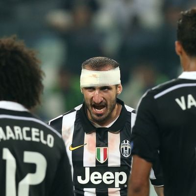 Juventuksen Giorgio Chiellini ottelussa Real Madridia vastaan.