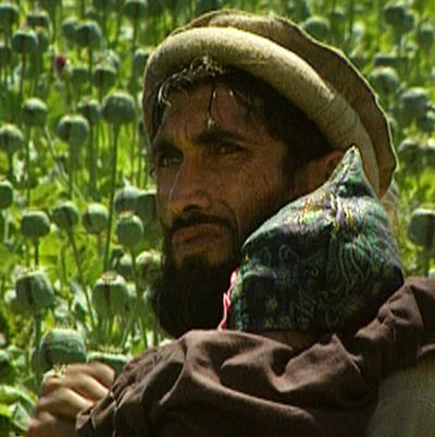 Afgaanimies istuu lapsensa kanssa oopiumiunikkopellolla dokumentissa Heroin Express (1995)