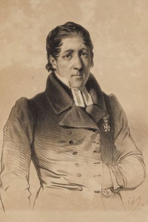 Lars Levi Laestadius rinnassaan Ranskan kunnialegioonan ritarimerkki. (Muotokuva: Charles Giraud, v. 1839), yksityiskohta Charles Giraud'n vesivärimaalaus vuodelta 1839