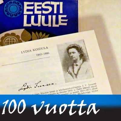 Eesti luule eli Viron runous -kirjan kansi ja kirja auki kohdasta, jossa on Lydia Koidulan kuva ja nimikirjoitus.