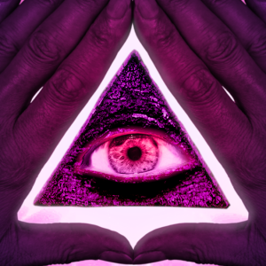 Illuminatin symboli, kolmio, jossa silmä ihmisen käsien välissä. 
