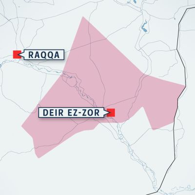 Syyrian kartta, johon merkitty kaupungit Raqqa ja Deir ez-Zor.