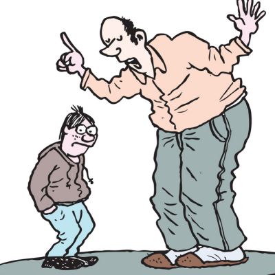 Aikuinen tilittää piirroksessa sormi pystyssä kyllästyneelle teinille