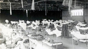 Spanska sjukan krävde miljontals människors liv Patienter i ett tillfälligt sjukhus i USA under spanska sjukan 1918