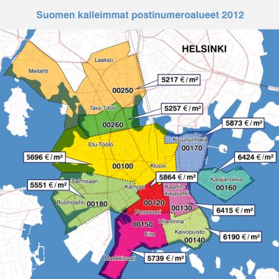 Suomen kalleimmat postinumeroalueet graafisesti kartalla.