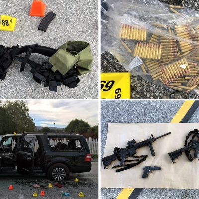 Poliisin julkaisemassa neljän kuvan koosteessa näkyy ampuma-aseita, luoteja ja ampujien käyttämä auto.