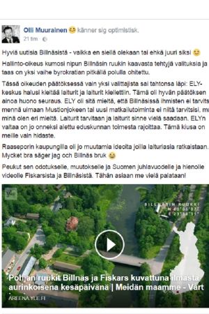 Olli Muurainen var optimistisk då han berättade om domstolens beslut på sin Facebooksida. En bild av en Facebookuppdatering.