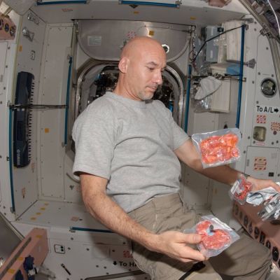Astronautti leijailee istuma-asennossa avaruusaseman sisällä. Hänellä on käsissään useita pakkauksia pakastekuivattua ruokaa, ja kaksi pakkausta leijailee ilmassa.
