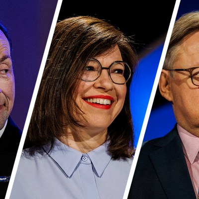 Kuvakollaasissa vasemmalla Jussi Halla-aho, keskellä Anni Sinnemäki ja oikealla Juhana Vartiainen.