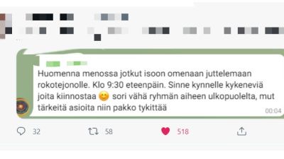 En person skriver på sociala medier att hen tänker besöka vaccinationskö och tala med dem som tänker vaccinera sig.