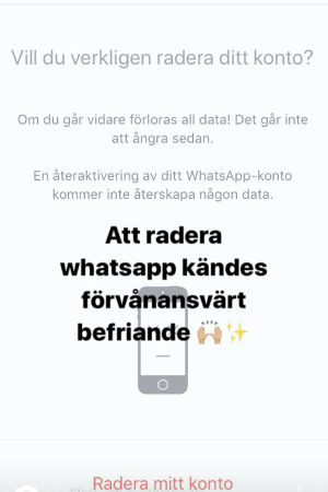 Skärmdump från Martinas telefon. Ett meddelande på telefonen om att Whatsapp har raderats. Personen som gjort det tycker det kändes förvånansvärt befriande.