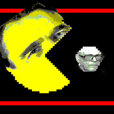 Presidenterna Mauno Koivisto och UKKekkonen omgjorda till ett Pacmanspel, där Koivisto tuggar i sig Kekkonen
