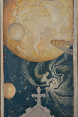 Detalj av Gallen-Kallelas målning Kosmos från 1902. Målningen var en del av hans fresker i Juseliuska kapellet i Björneborg och innehöll ockulta symboler. Detalj av Gallen-Kallelas målning Kosmos från 1902.