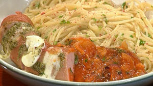 Makupalojen euroruokaa eli lenkkimakkaraa mozzarellalla ja pestolla. Lisukkeena spaghettia ja tomaattikastiketta.