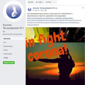 Föreningen Suomen terveysjärjestö för kampanj på sin Facebook-sida för att finländare som får intensivvård i samband med coronavirus ska få höga doser av intravenöst C-vitamin. Föreningen Suomen terveysjärjestö gör ett upprop på Facebook och ber människor underteckna en petition för att finländare som insjuknar i coronavirus ska få behandling med höga doser av intravenöst C-vitamin.