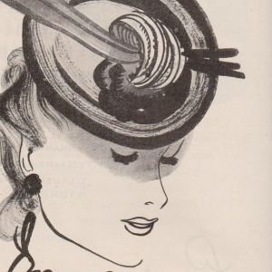 Stockmannsmuseets arkiv Stockmannreklam 1939, teckning av dam med hatt