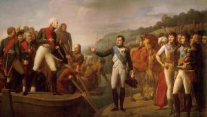 Gioacchino Giuseppe Serangeli avbildade de två kejsarnas adjö efter freden i Tilsit. Gioacchino Giuseppe Serangeli: Napoleons och Alexanders adjö