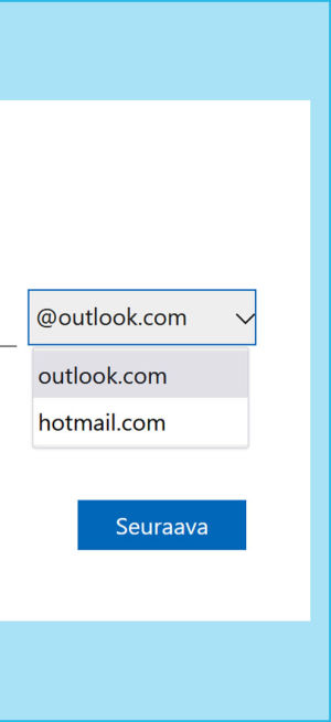Näyttökuva MS Outlookin rekistreröinti sivulta. Nuoli osoittaa kohtaan Hanki uusi sähköposti