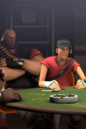 Team Fortress 2 -hahmot pokeripöydän äärellä