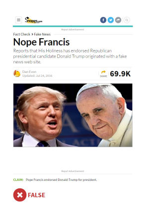 Skärmdump från Snopes.com om fejknyheten kring Påvens stöd för Donald Trump.