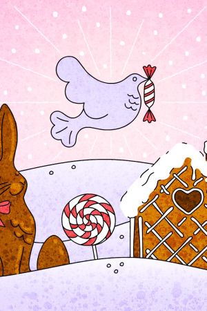 Vaaleanpunapohjaisessa kuvassa suklaapupu, suklaamökki, jäätelö, rauhakyyhky karkkisuussa ja lumisessa maisemassa tikkareita sekä vaalea joulukuusi.
