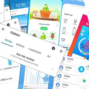 Kollage av bilder från mobilappar som bokför vattenmängd. På den översta bilden i kollaget står det "Vatten: Den här veckan 1 642 ml per dag (genomsnitt)".
