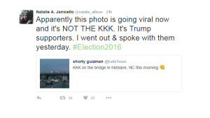 Em skärmdump av en tweet som försöker motbevisa den falska nyheten om KKK-medlemmar.