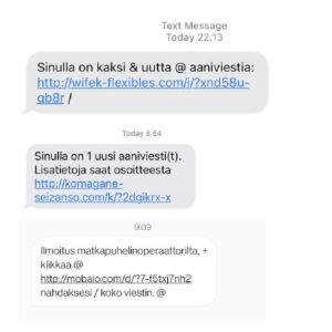 Textmeddelanden skrivna på finska och som innehåller en länk och där texten saknar bokstäverna å,ä och ö.