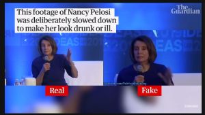 En video där man försökte få Nancy Pelosi att framstå som berusad och slö fick en hel del publicitet ifjol. En skärmdump från en video som visar en video på Nancy Pelosi som går i slow motion.