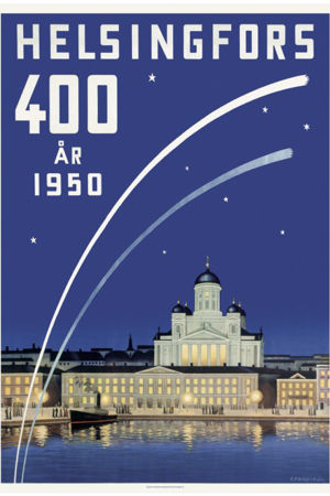 År 1950 fyllde Helsingfors 400 år. Tecknad affisch av Helsingfors med texten "Helsingfors 400 år 1950".
