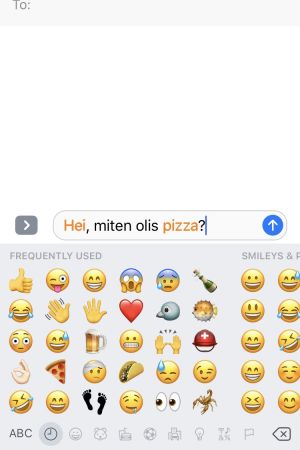 Kuvakaappaus kännykän ruudulta. Kuvassa viesti, jossa lukee Hei, miten olisi pizza. Sanat hei ja pizza näkyvät oranssina.